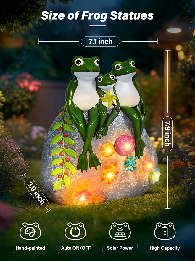Solar Garden Statues, Outdoor Solar Frog Decor with Succulent and 6 LED Lights, Outside Yard Figurine Decor for Garden, Lawn, Patio, Balcony, Porch, Unique Gifts for Mom Grandma
