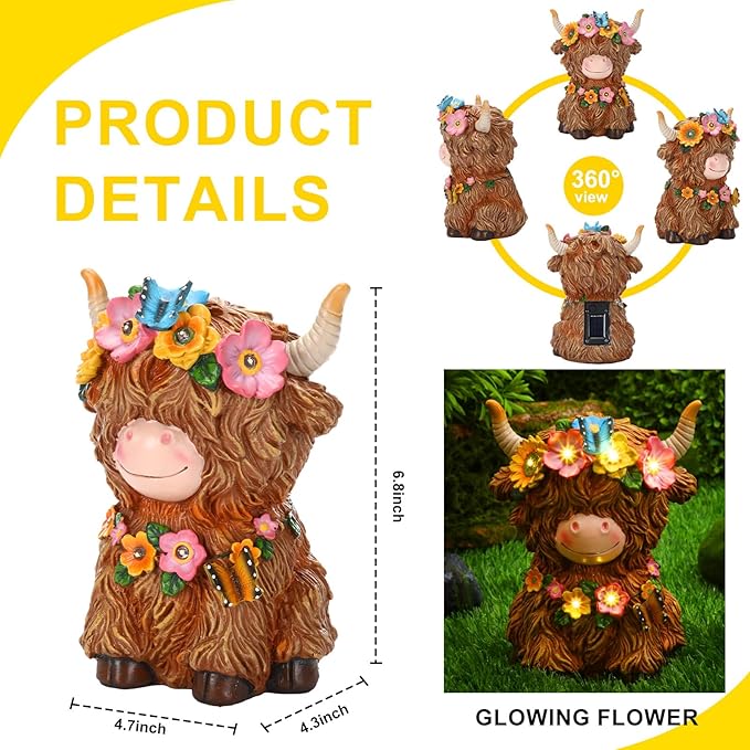 Highland Cow Solar Statue Outdoor Decor Resin Highland Cow Figurine with Flower Gifts for Women Mom for Spring Yard Garden Lawn Ornaments, Calf Gnome Herd Lovers(Bright)
