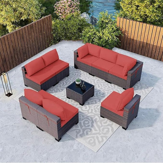 Kullavik 9 Pieces Outdoor Patio Furniture Set,Outdoor Sectional Rattan Sofa Set Brown PE Rattan Wicker Patio Conversation Set with Tempered Glass Coffee Table and Washable Cushions Covers,Red