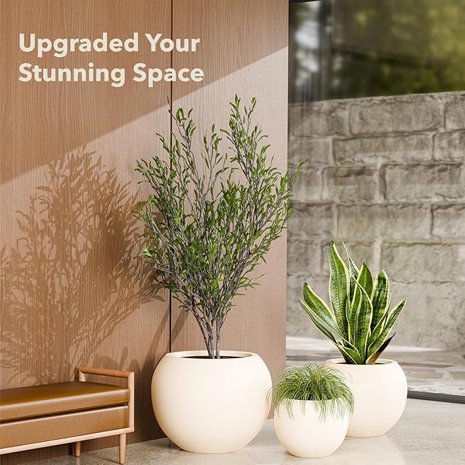 12.8" H x 16" D Premium Globo Fiberstone Round Planter with Drainage Hole, Weather Resistant for Indoor and Outdoor Use, Included 2 Extra Coco Mats (Kilim Beige, 10.7" Pot Opening)