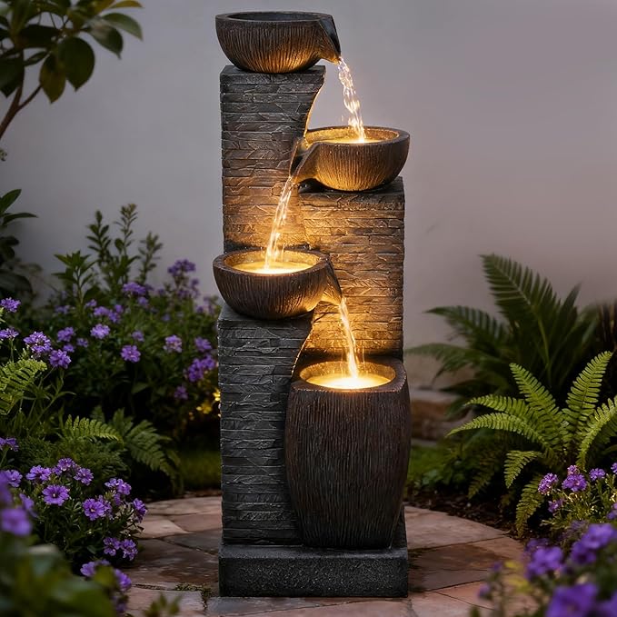 38.2" Tall Water Fountain Outdoor Garden,4 Tiers Modern Cascading Bowls and Stacked Stones Indoor Fountains with LED Lights for Garden, Patio, Deck, Porch, Backyard and Home Art Decor(Grey)