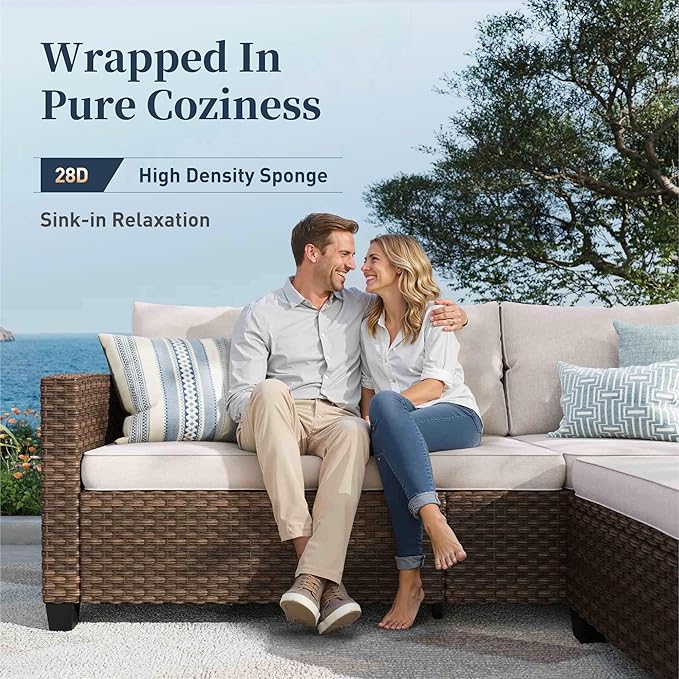 Swivel Glider Patio Furniture Set Outdoor Furniture Brown Wicker Rattan Patio Conversation Sets with Cushion Outside Sofa Set,8 Pieces with Rectangular Firepit Table,12 Seats,Beige