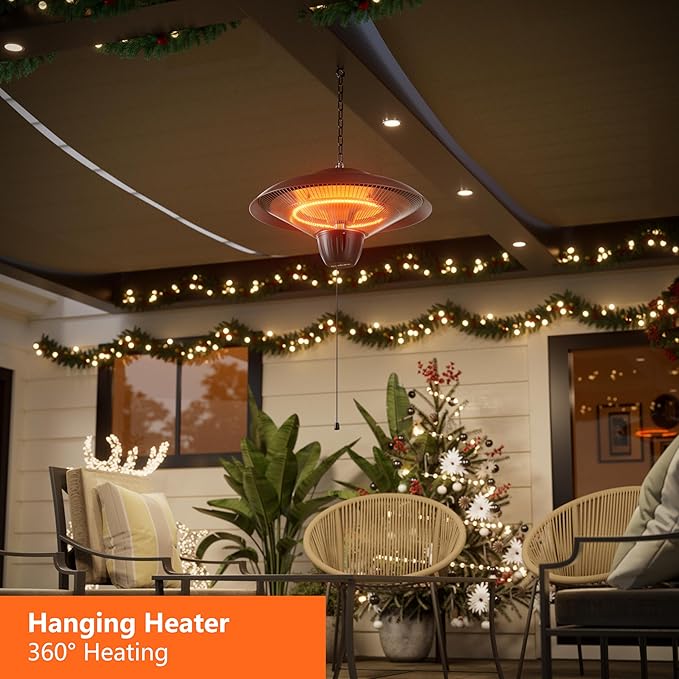 Patio Heater for Outdoor Use 1500W Electric Infrared Hanging Heater, Ceiling Mounted, Waterproof for Porch, Garage, Balcony, Overheat Protection (Brown)