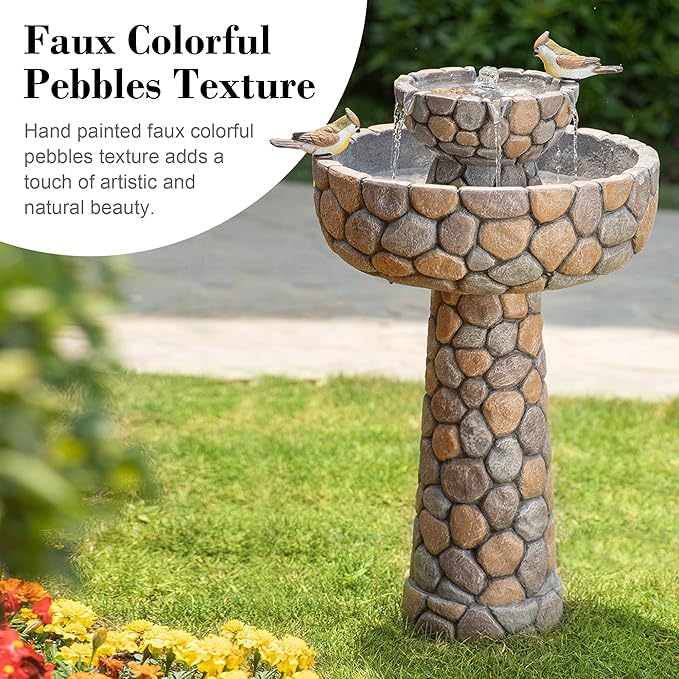 Glitzhome Water Fountain Outdoor with Birds Decor, 24.4”H 2-Tier Bird Bath Outdoor Fountain with Pump, Freestanding Garden Waterfall Fountains Water Feature