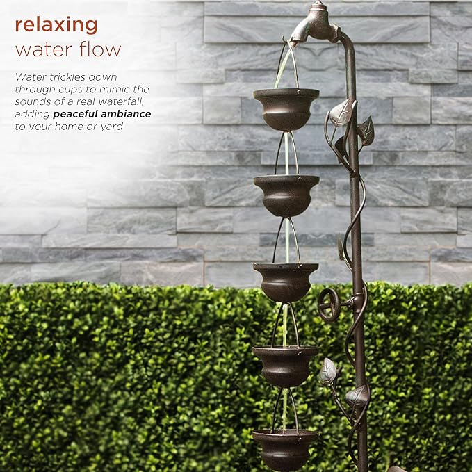 Alpine Corporation MAZ254 Outdoor Floor Tiered Vintage Water Fountain w/ 6 Hanging Cups, Soothing Tier Waterfall, 38", Bronze