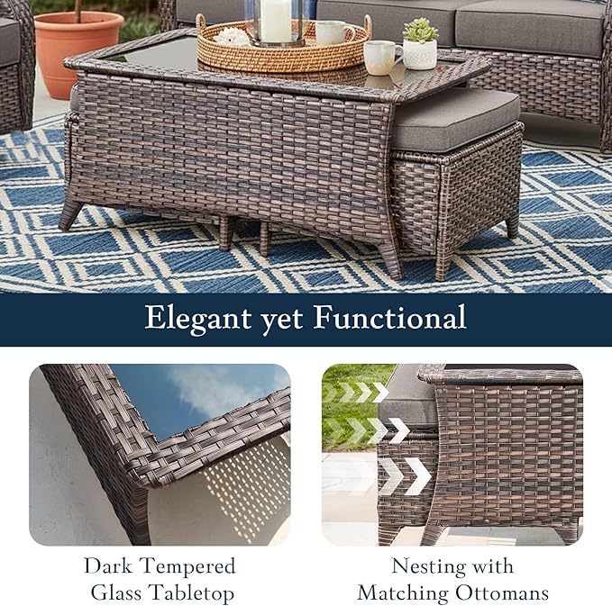 Luxury High Back Outdoor Furniture with 6-inch Extra Thick Cushions, Patio Furniture Set with Swivel Chairs, 4 PCS Wicker Conversation Set for Yard, Deck, Poolside, Brown/Grey