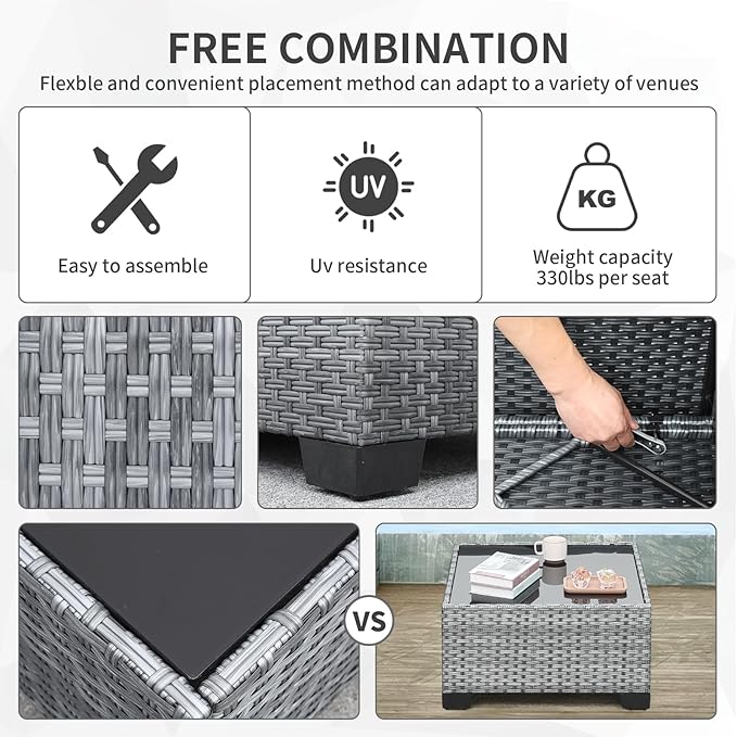 Valita 7 Pieces Outdoor Wicker Furniture Conversation Set Patio Sectional Sofa Set Glass Table with Non-Slip Cushions Furniture Cover, Light Grey