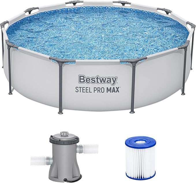 Bestway Steel Pro MAX 10' x 30" Above Ground Pool, Round Metal Frame Outdoor Swimming Pool Set with Filter Pump & Type I Cartridge, Gray by Bestway