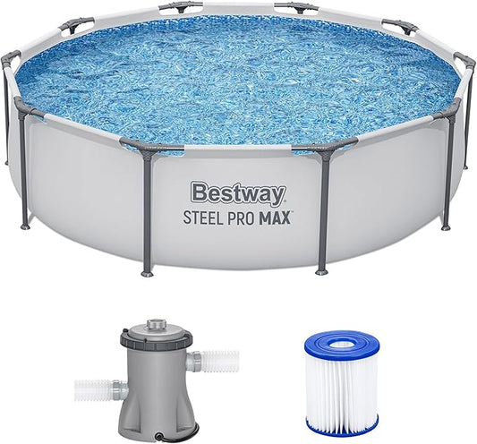 Bestway Steel Pro MAX 10' x 30" Above Ground Pool, Round Metal Frame Outdoor Swimming Pool Set with Filter Pump & Type I Cartridge, Gray by Bestway