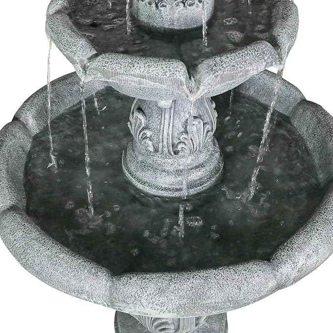 SunJet 48" High 3-Tiers Modern Concrete Outdoor Water Fountain - Round Large Outdoor Fountains and Waterfalls for Garden, Patio, Yard, and Deck Decor, Featuring Natural Stone Look (Grey, 48 inch)