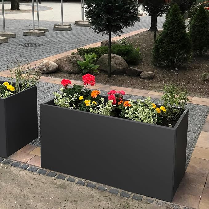 36"x12"x20" Large Metal Planter Box, Heavy-Duty Rust Resistant Steel Planter with Drainage Hole, Modern Rectangular Planter for Outdoor Indoor Patio Garden Yard (Black)