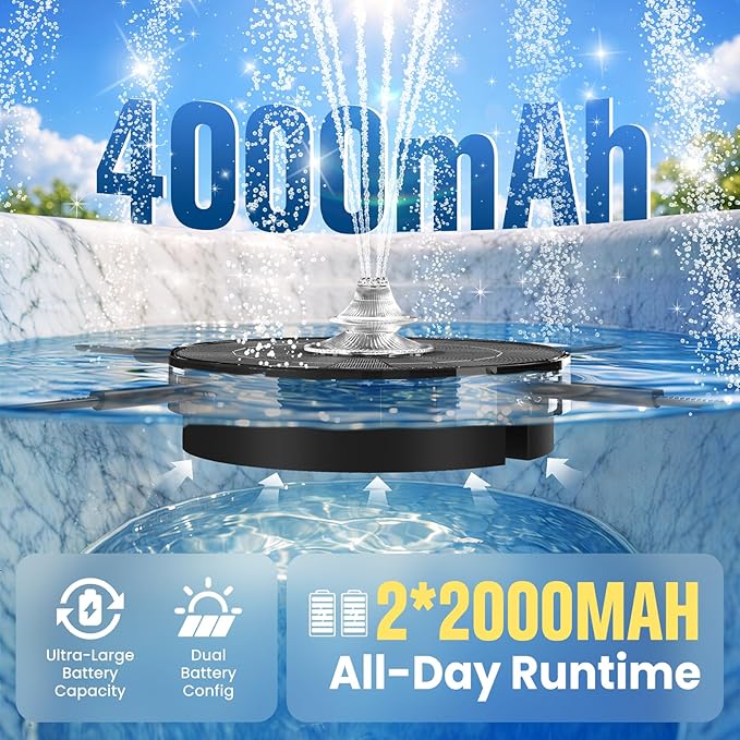 4000mAh Solar Fountain,2026 Solar Bird Bath Fountain Pump,3 Spray Solar Powered Water Fountain with Lights,Floating Birdbath Fountain,DIY Water Bird Bath Fountain for Outdoor,Garden,Pond-Dark