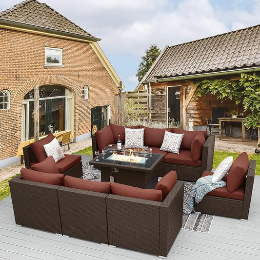 BULEXYARD 9 Pcs High Back Outdoor Sectional Set with Firepit Table, Modern Luxury Patio Furniture Seating Set, Oversized Wide Deep Modular 8-Seater Couch Sofa for Backyard, Brown Wicker & Red Cushion