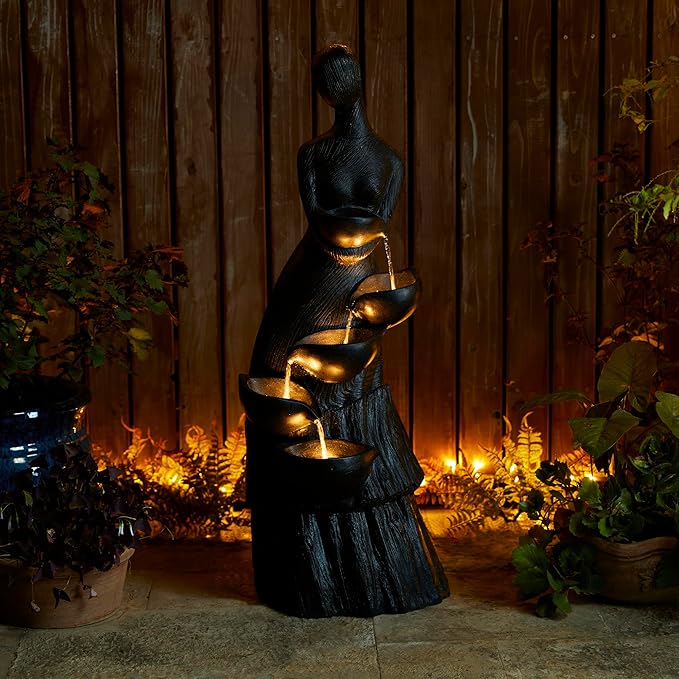 Glitzhome 39.75" H Modern Abstract Women Sculpture Outdoor Water Fountain, 5 Tier Woman Statue Waterfall Fountain with LED Lights and Pump for Porch Deck Garden Patio Backyard