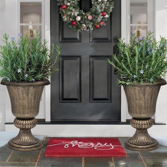 MoNiBloom 20-Inch Plastic Urn Planter Vase Set of 2, for Outdoor Indoor Plants Garden Patio Vintage Decorative Wedding Pedestal Roman Flower Pot Decoration Retro Home Front Porch Door Decor (Brass)