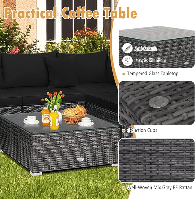 Tangkula 7 Piece Patio Wicker Furniture Set, Outdoor Rattan Sectional Sofa Set for 6 with Seat & Back Cushions, 2 Throw Pillows, Sofa Fastener Clips, for Backyard, Poolside, Deck and Garden (Black)