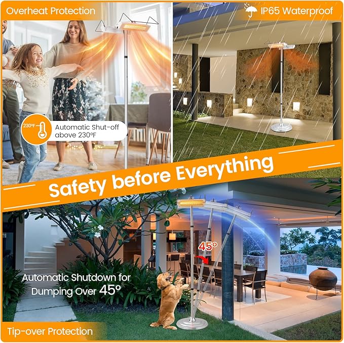 COSTWAY Outdoor Electric Patio Heater, 1500W Standing Infrared Heater with Double-sided Heating, Tip-Over & Overheat Protection, IP65 Waterproof Space Heater for Indoor Outdoor Patio