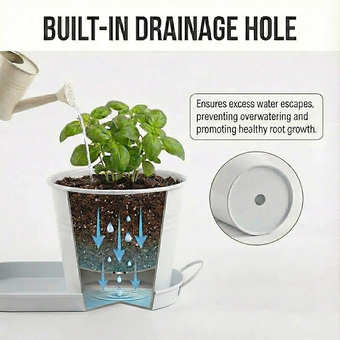 Herb Garden Planter Set ?€? 3-Pcs Set Galvanized Metal Herb Planters for Indoors Plants with Tray ?€? Indoor Plant Pots for Apartment Window, Balcony, Garden ?€? Potting Pots for Herbs and Flowers