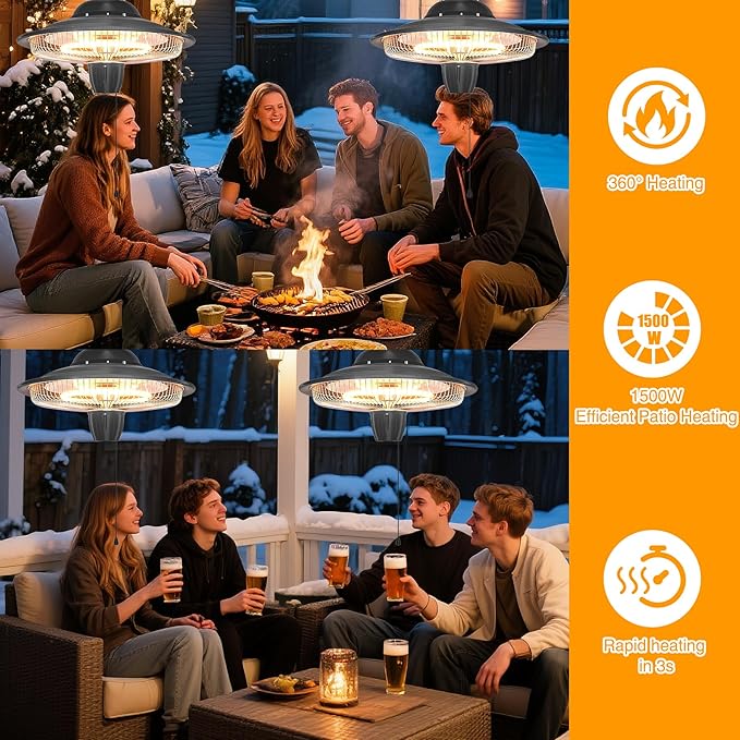 Hanging Patio Heater 1500W/750W, IP34 Waterproof Electric Patio Heater, Ceiling Mount Heater Infrared Gazebo Heater, Heater for Garage Indoor Outdoor Use for Porch Balcony