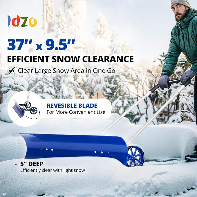 Idzo Efficient Snow Pusher, Snow Plow Shovel with 37-Inch Reversible and Bi-Directional Angled Blade, Snow Shovel with Wheels & Convenient 90 Degree Handle for Driveways, Sidewalks, Ice Hockey Rinks - Image 5