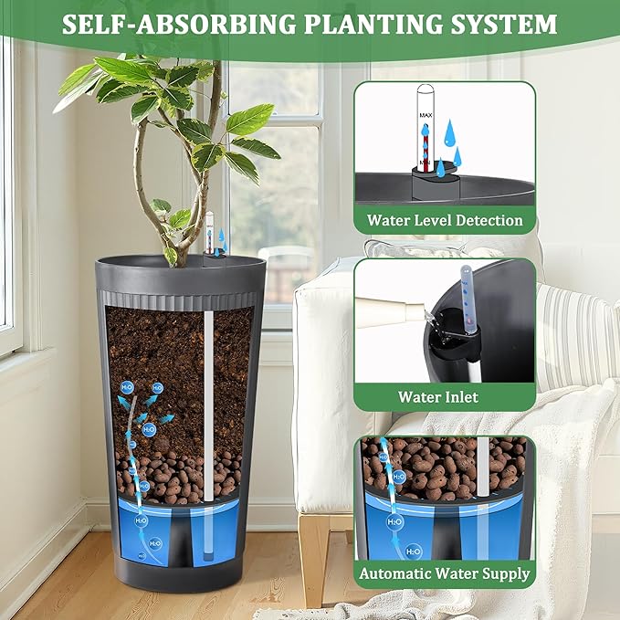 Self-Watering 24in Plastic Round Planter with Vertical Ribbed Design – Indoor Outdoor Flower Pot for Plants, Herbs, and Small Trees, Set of 2