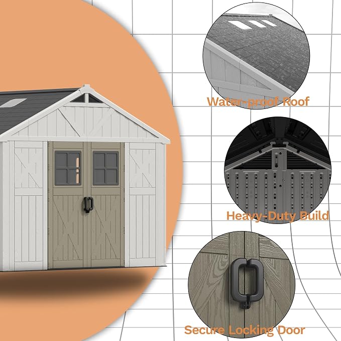 Devoko 10x12 FT Resin Outdoor Storage Shed with Floor, Large Plastic Garden Shed with Windows & Lockable Door, Multipurpose Tool Storage Shed for Patio Backyard Lawn, Beige - Image 5