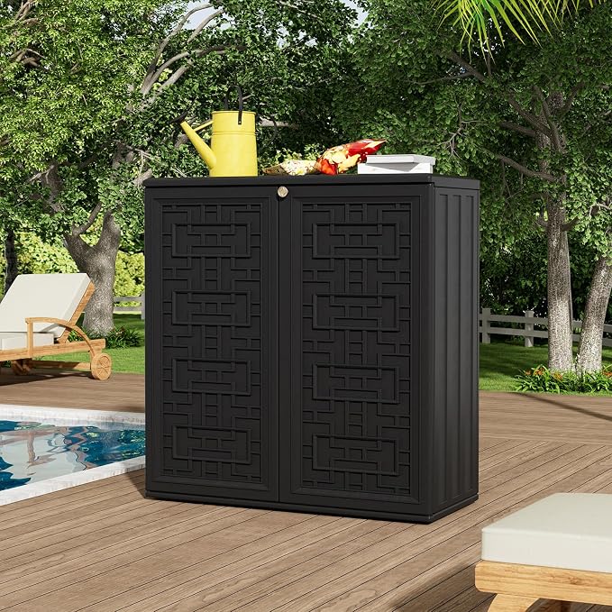 ZZM HDPE Outdoor Storage Shed, Outdoor Plastic Storage Cabinet, Horizontal Resin Tool Shed for Garden, All Weather Outdoor Storage Clearance, DIY Usage, with one Shelf (Black) - Image 7