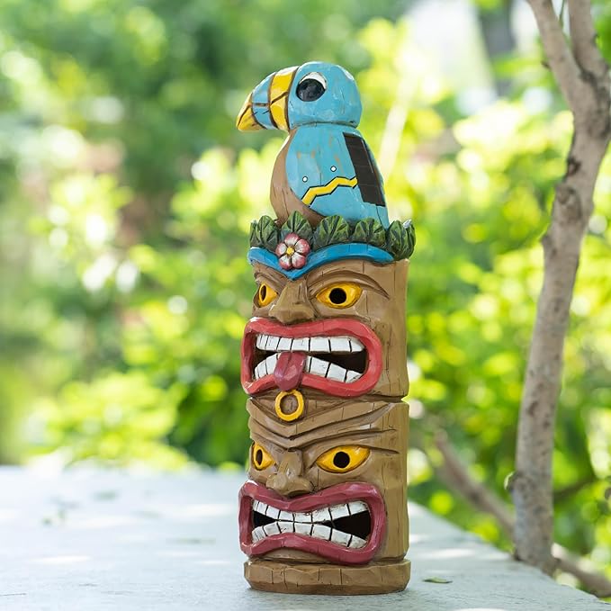 Tiki Statue Totem Pole Decor- 12.32 inch Tall Solar Powered Garden Figurine Tiki Decorations for Tiki Bar Outdoor Patio Balcony Lawn Yard Backyard