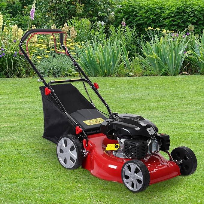 141cc 20 Inches Gas Lawn Mower, 7-Position Single Lever Height Adjustment, Push Lawn Mower Gas Powered with 50L Grass Tank and Big Wheels for Lawn Care Red by Unknown