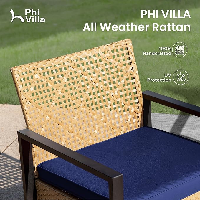 PHI VILLA Patio Wicker Furniture Set for 4, Yellow Rattan Loveseat & Chairs with Blue Cushions & Acacia Wood Coffee Table, Outdoor Modern Conversation Sofa Set for Deck, Yard, Porch