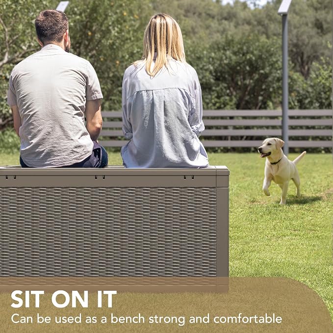 Devoko 100 Gallon Waterproof Large Resin Deck Box Indoor Outdoor Lockable Storage Container for Patio Furniture Cushions Garden Tools (100 Gallon, Light Brown) - Image 3