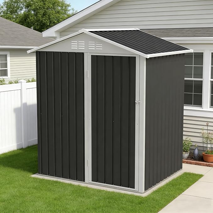 YOPTO 5.4x4.27 FT Outdoor Storage Shed, Metal Garden Tool Shed with Sloping Roof and Lockable Doors for Backyard Garden Patio Lawn, Grey - Image 7
