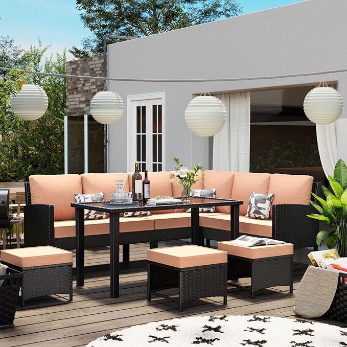 7 Pieces Patio Conversation Set, Outdoor Furniture Sectional with Throw Pillows and Anti-Slip Cushions, PE Rattan Sofa Set with Dining Table & Ottomans, Khaki