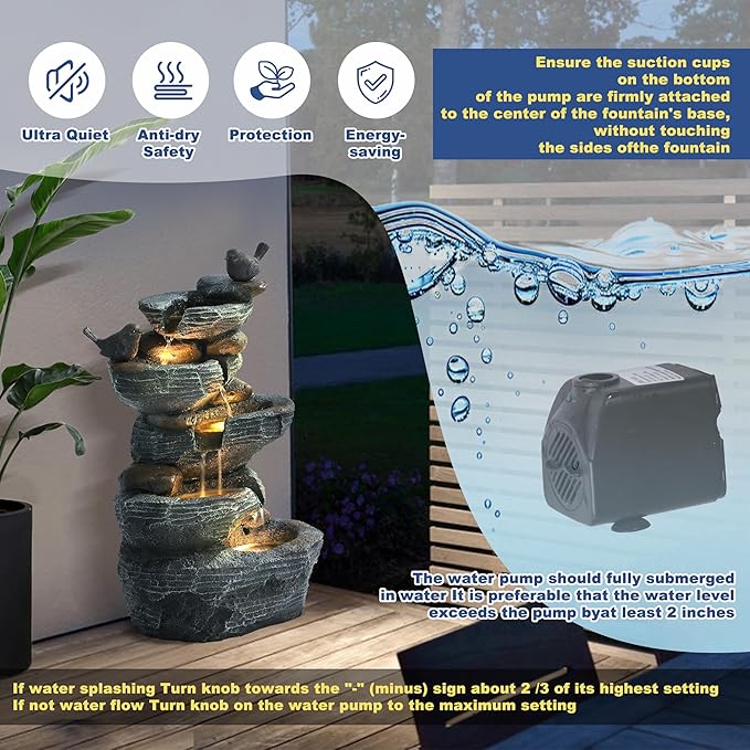 Outdoor Cascading Bird Water Fountain, 5-Tier Floor Natural Looking Rock Fountains with LED Pump Birds Decor, Freestanding Resin Fountain and Cascading Water Feature for Patio Garden, Grey