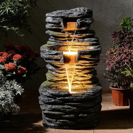 28.8” Tall Rock Water Fountain Outdoor Garden, 3-Tiers Cascading Rock Natural Waterfall Fountains with LED Lights, Indoor Resin Water Feature Fountain for Patio, Backyard, Deck, Porch