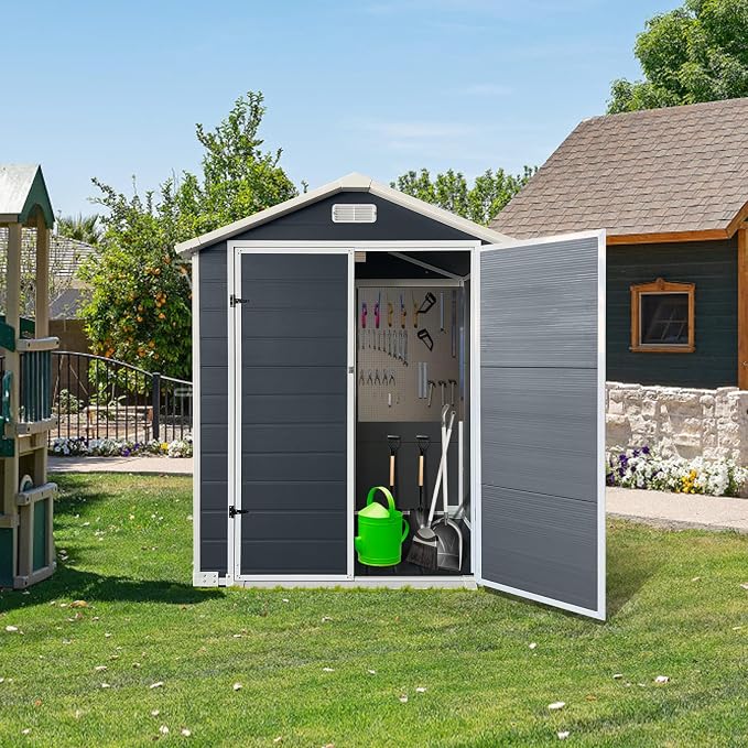 YOPTO 6x4 FT Storage Shed,Plastic Outdoor Storage Shed with Floor and Lockable Door,Waterproof Garden Shed W/Windows & Vents,Sloped Roof,Tool House for Storing Bicycles,Lawnmowers,Cold Grey - Image 2