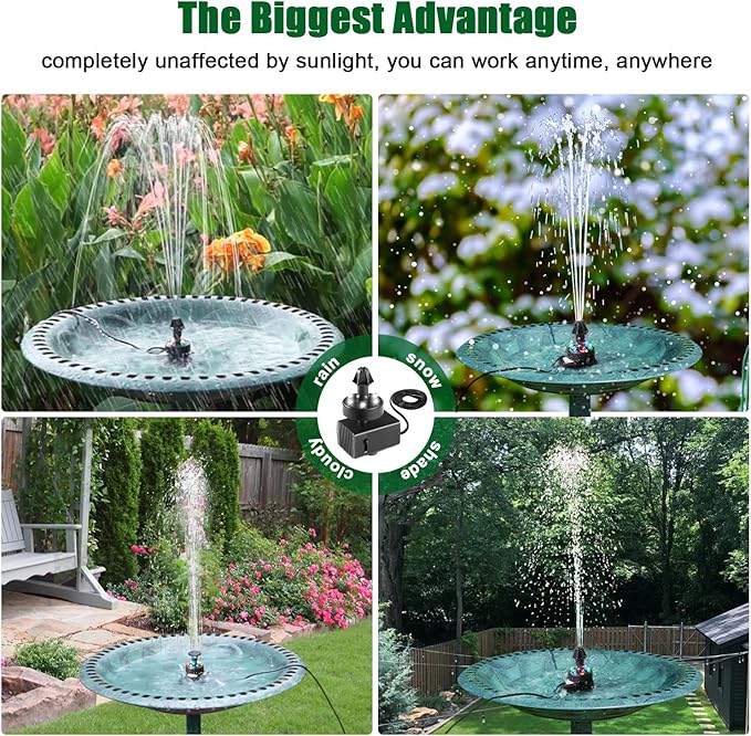 SZMP Bird Bath Fountains, Upgraded 24-Hours Working Bird Bath Fountain Pump with Light & 7 Nozzle, 16.4Ft Power Cord & Adapter, Adjustable Water Pump for Garden, Fish Tank, Outdoor (Colorful)