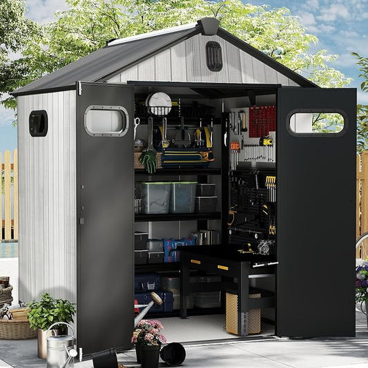 Domi 6x6 FT Outdoor Resin Storage Shed, All-Weather Double-Wall Storage Building for Backyard, Garden, Lawn Tools, Mower, Bike & Pool Equipment, Lockable Doors, Ventilated Roof, Grey by domioutdoorliving