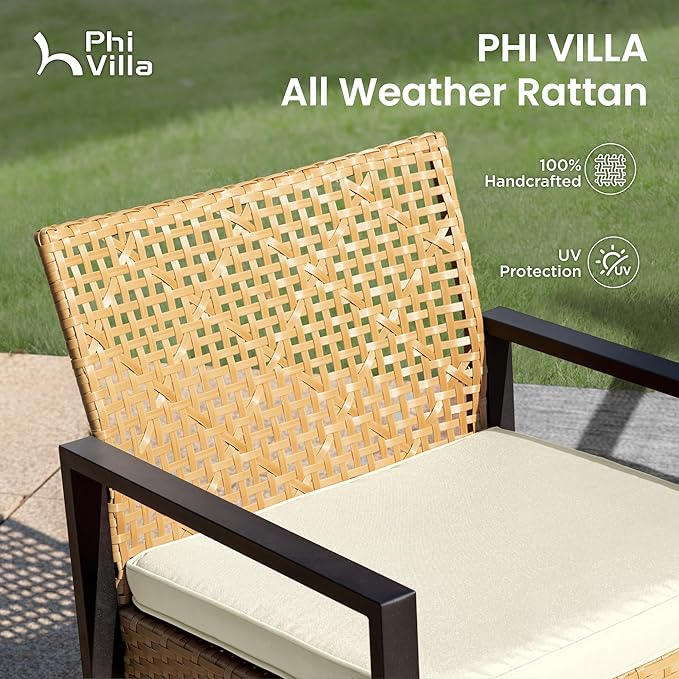 PHI VILLA Patio Wicker Furniture Set for 4, Yellow Rattan Loveseat & Chairs with Beige Cushions & Acacia Wood Coffee Table, Outdoor Modern Conversation Sofa Set for Deck, Yard, Porch