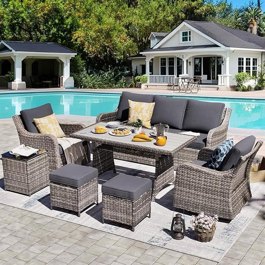 MEISSALIVVE Outdoor Patio Furniture Set with Swivel Chairs, 7 Pieces Rattan Wicker Sectional Swivel Rocker Chairs Sets with Waterproof Cushions for Lawn Backyard Porch (Grey)