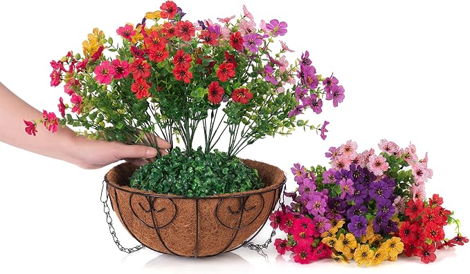HyeFlora Artificial Fake Hanging Plants Flowers with Basket Outdoor Decor Faux Silk Dasiy Flower Arrangements in Pot Planter for Porch Home Indoor Patio Garden Yard Decoration - Image 3