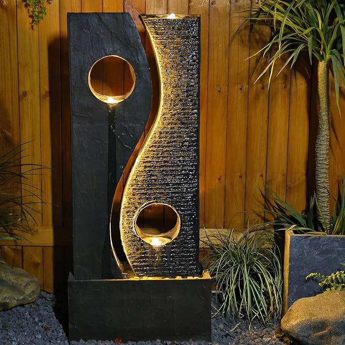 47 inches Water Fountain Outdoor Garden - Waterfall Indoor Modern Large Freestanding Water Feature Fountains Faux Rust Finish with LED Lights for Patio Yard Pool Home Decor
