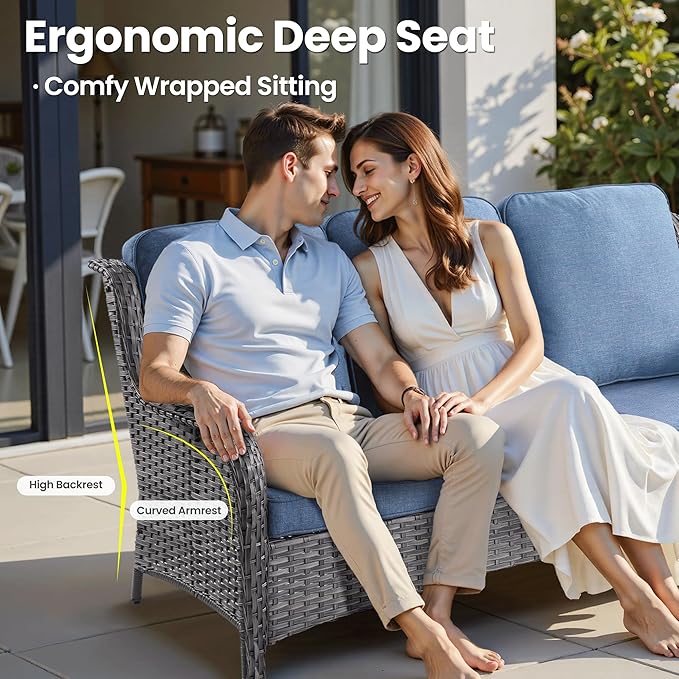 ovios 7-Piece Patio Furniture Set with Swivel Chairs Coffee Table, Outdoor Wicker Sofa with Comfy Cushions, High Back Couch Modern Conversation Sets, Grey/Denim Blue