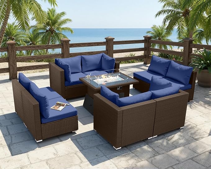 BULEXYARD 9 Pcs High Back Outdoor Sectional Set with Firepit Table, Luxury Patio Furniture Seating Set, Oversized Wide Deep Modular 8-Seater Couch Sofa for Backyard, Brown Wicker & Navy Blue Cushion