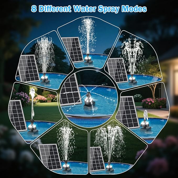 Solar Fountain Pump with Adjust Glass Panel, Upgrade 3.5W Solar Water Pump with Stake, 16.4ft Cable, 2000mAh Battery, White LED Lights, Solar Powered Fountain Kits for Bird Bath, Hummingbird
