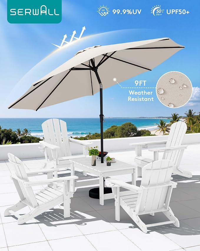 SERWALL Outdoor Coffee Table with 9FT Umbrella, HDPE Patio Coffee Table for Outside, Rectangle, White(Not Include Umbrella Base) - Image 6