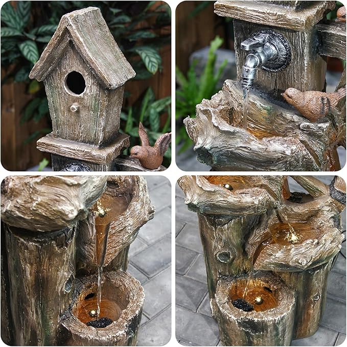 YZM 38.38" H Water Fountain Outdoor Garden 3-Tier Birdhouse Waterfall Fountain with Faucet Tree Trunk Indoor Floor Cascading Water Feature with LED Lights for Patio Yard Home Backyard Decor