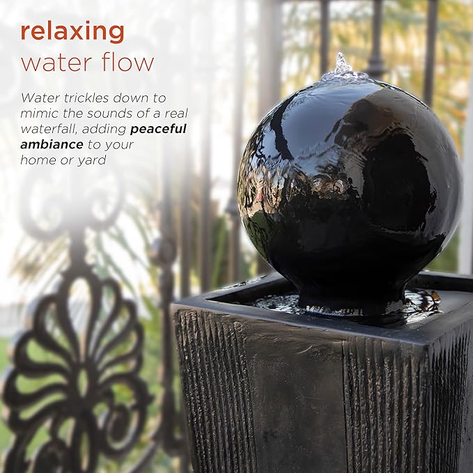 Alpine Corporation GIL786 Outdoor Floor Modern Sphere and Pedestal Soothing Waterfall Fountain for Garden 33", Black