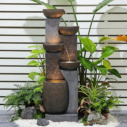51.4" H Outdoor Garden Water Fountain for Garden, Patio, Backyard, Deck, Porch and Home Art Decor, 5 Tiers Modern Cascading Large Outdoor Fountain with Lights