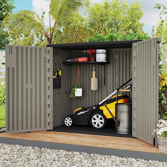 ZZM 37 Cu.ft Outdoor Storage Shed with Floor HDPE Double-Wall Resin Sheds Outdoor Storage, Lockable Weatherproof Storage Cabinet Fit for Garden Tools, Garage can, Bike, Patio Furniture, Brown - Image 2